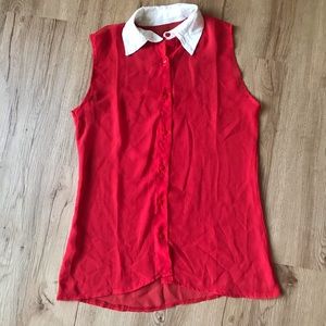 3 for 12 | Red and white sheer button up sleeveless blouse size Small
